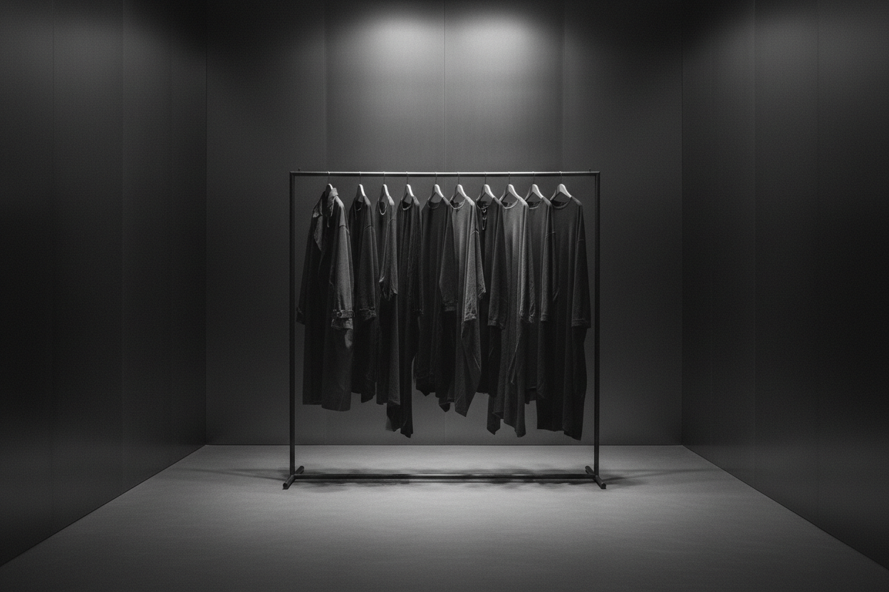 A minimalistic, dimly lit, monochromatic room with smooth dark walls and a clean floor. The space has a modern, industrial atmosphere with soft shadows and subtle grain texture. In the center, place a simple metal clothing rack holding several dark, minimalist garments hanging evenly. No text, no logos, no handwriting, no graphic elements—only the room, the lighting, the rack, and the clothes. High contrast, moody, artistic fashion look